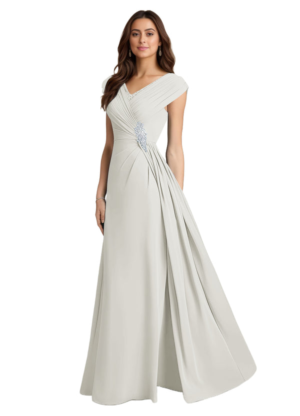 A-line V-Neck Floor-Length Chiffon Mother of the Bride Dress With Pleated Sequins