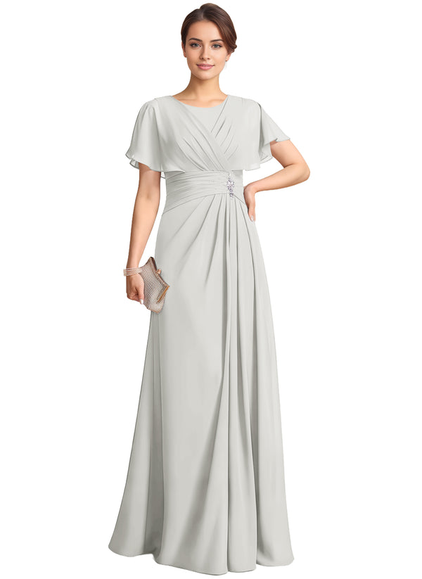 A-line Scoop Floor-Length Chiffon Mother of the Bride Dress With Pleated Beading