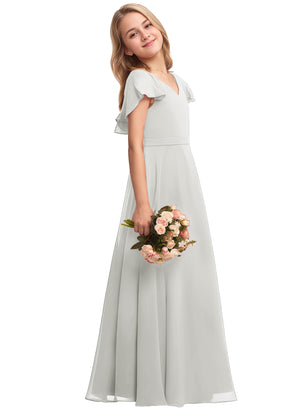 A-line V-Neck Floor-Length Chiffon Junior Bridesmaid Dress