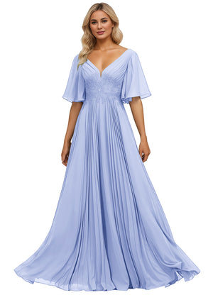 A-line V-Neck Floor-Length Chiffon Mother of the Bride Dress With Sequins Appliques Lace Pleated