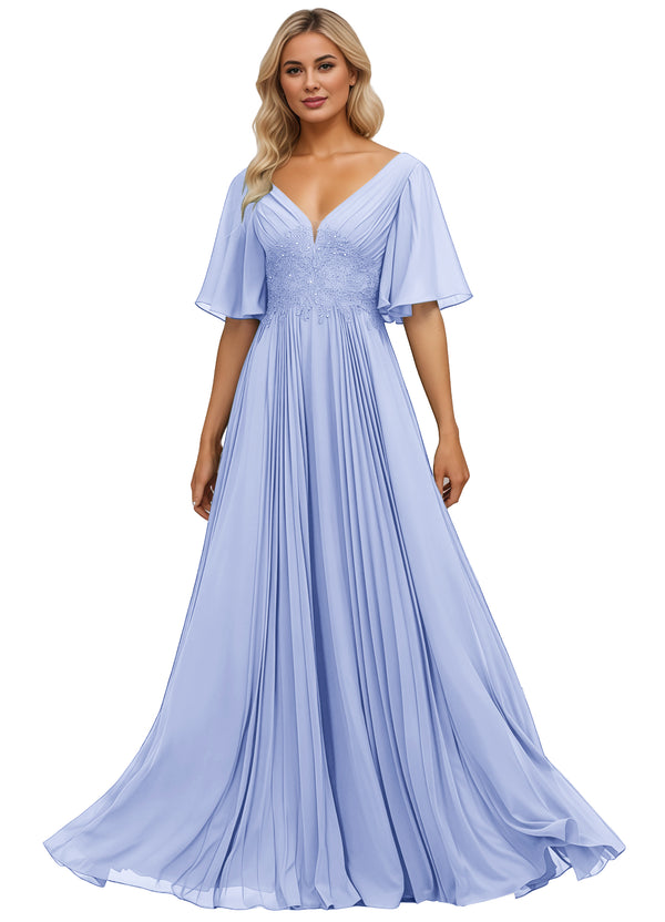 A-line V-Neck Floor-Length Chiffon Mother of the Bride Dress With Sequins Appliques Lace Pleated