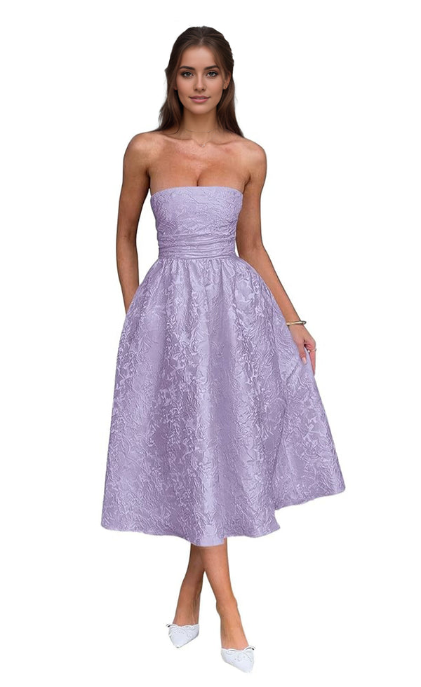 A-Line Strapless Tea-Length Jacquard Prom Dresses