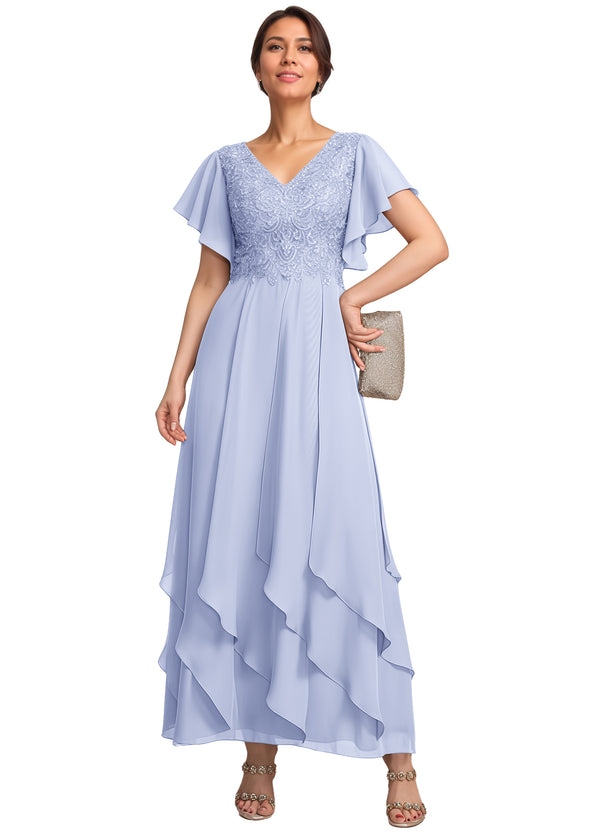 A-line V-Neck Ankle-Length Lace Chiffon Mother of the Bride Dress With Cascading Ruffles