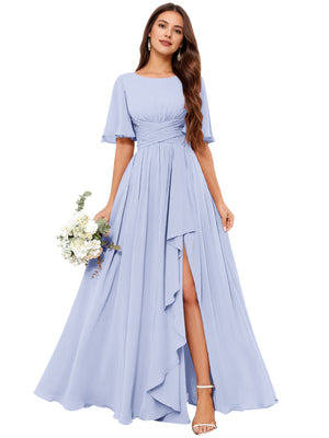 A-line Scoop Floor-Length Chiffon Bridesmaid Dress With Slit