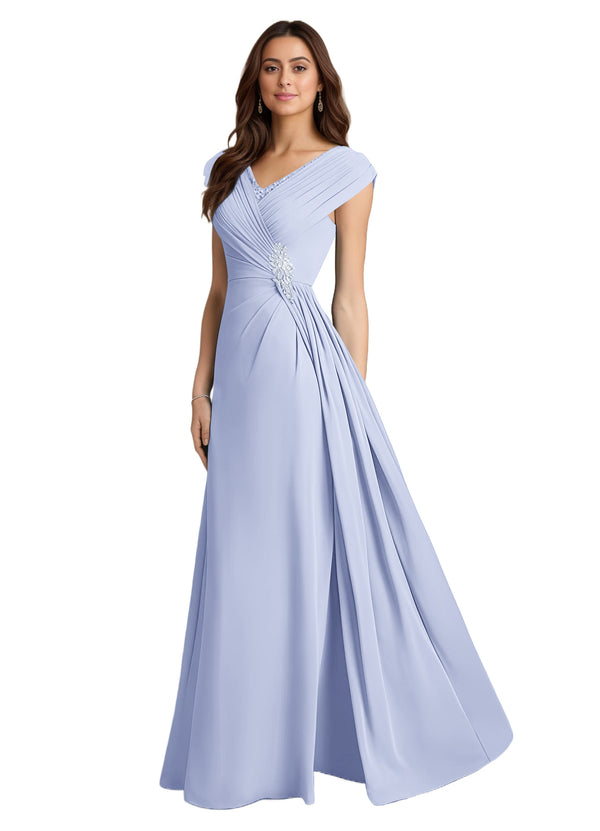 A-line V-Neck Floor-Length Chiffon Mother of the Bride Dress With Pleated Sequins