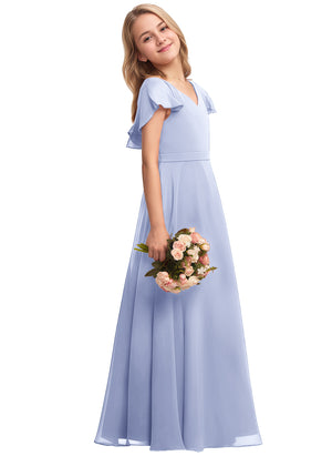 A-line V-Neck Floor-Length Chiffon Junior Bridesmaid Dress