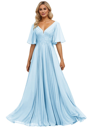 A-line V-Neck Floor-Length Chiffon Mother of the Bride Dress With Sequins Appliques Lace Pleated