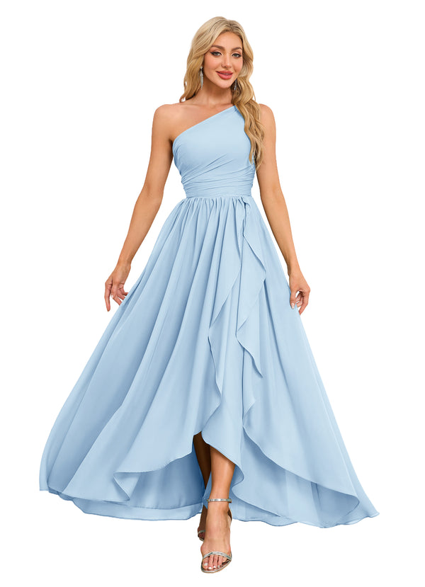 A-line One Shoulder Floor-Length Chiffon Bridesmaid Dress With Ruffle