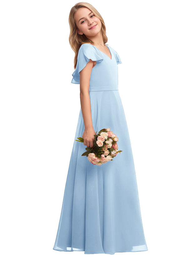 A-line V-Neck Floor-Length Chiffon Junior Bridesmaid Dress