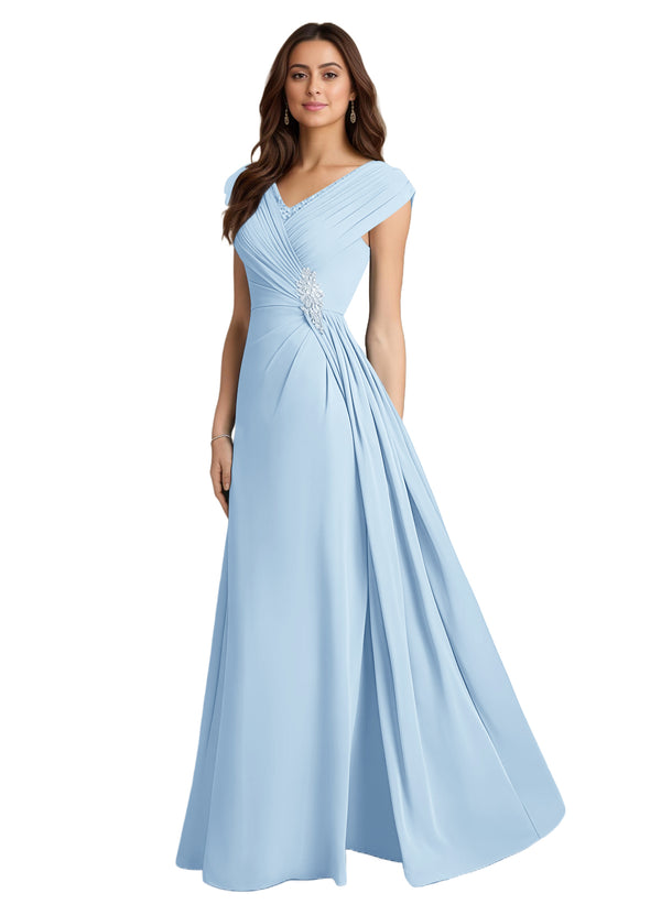 A-line V-Neck Floor-Length Chiffon Mother of the Bride Dress With Pleated Sequins