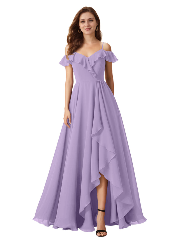 A-line Cold Shoulder Floor-Length Chiffon Bridesmaid Dress With Ruffle