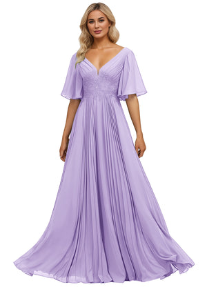 A-line V-Neck Floor-Length Chiffon Mother of the Bride Dress With Sequins Appliques Lace Pleated