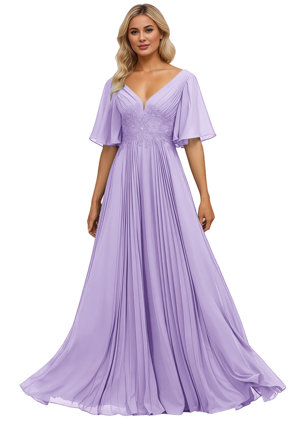 A-line V-Neck Floor-Length Chiffon Mother of the Bride Dress With Sequins Appliques Lace Pleated