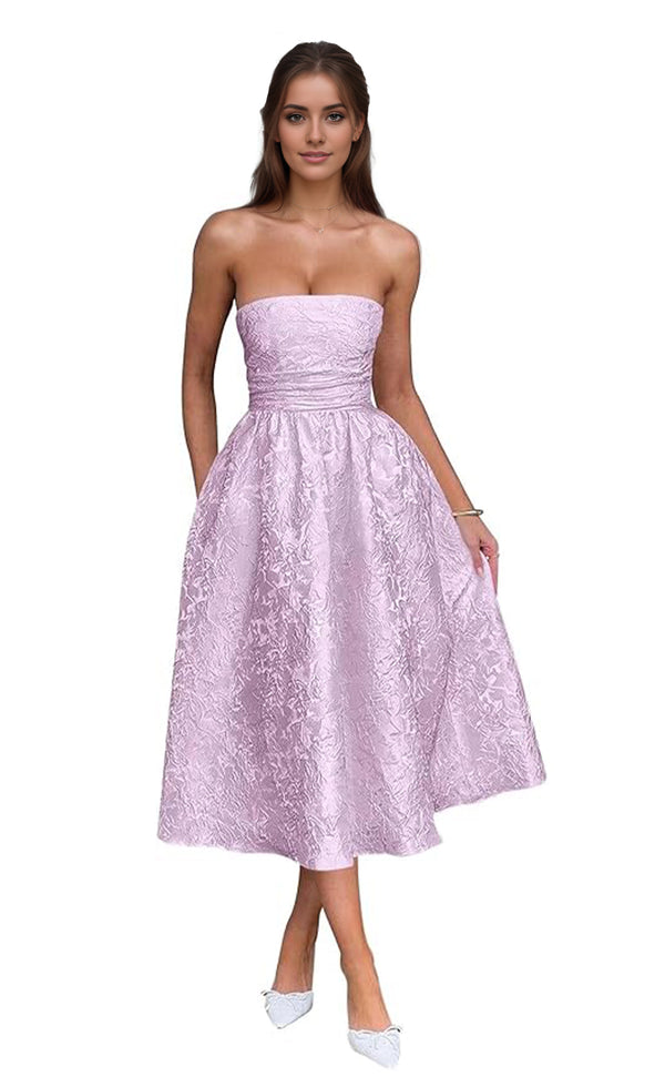 A-Line Strapless Tea-Length Jacquard Prom Dresses