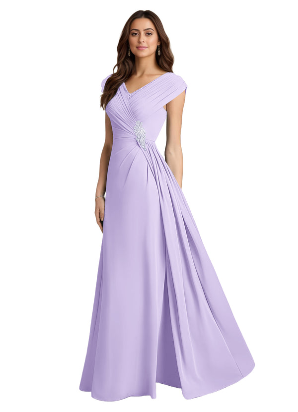 A-line V-Neck Floor-Length Chiffon Mother of the Bride Dress With Pleated Sequins