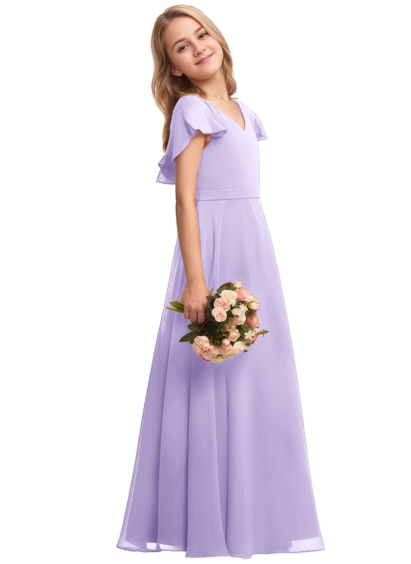 A-line V-Neck Floor-Length Chiffon Junior Bridesmaid Dress