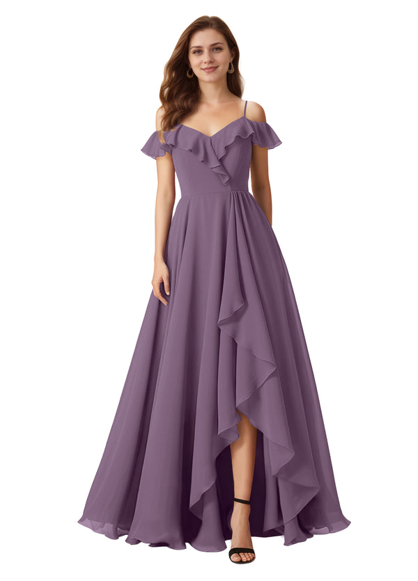 A-line Cold Shoulder Floor-Length Chiffon Bridesmaid Dress With Ruffle