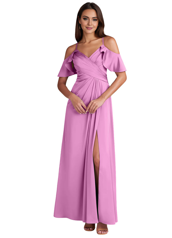 A-line Cold Shoulder Floor-Length Satin Bridesmaid Dress With Ruffle