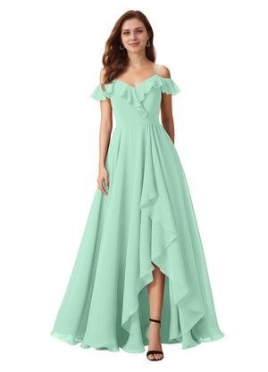 A-line Cold Shoulder Floor-Length Chiffon Bridesmaid Dress With Ruffle