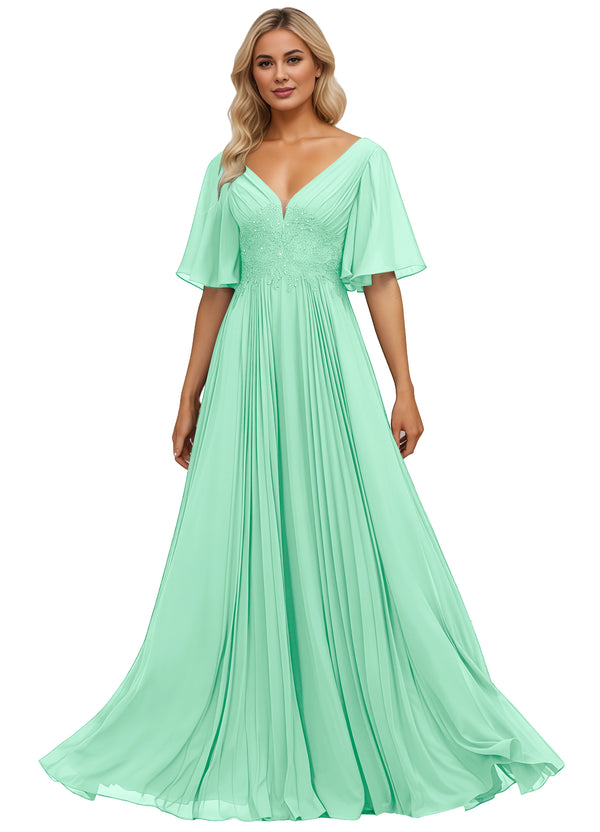 A-line V-Neck Floor-Length Chiffon Mother of the Bride Dress With Sequins Appliques Lace Pleated