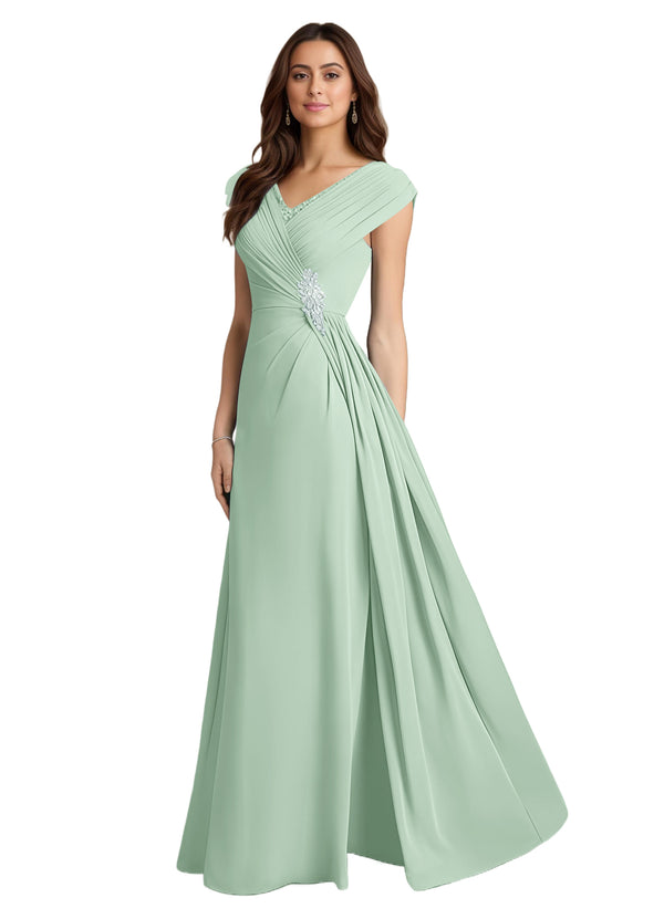 A-line V-Neck Floor-Length Chiffon Mother of the Bride Dress With Pleated Sequins