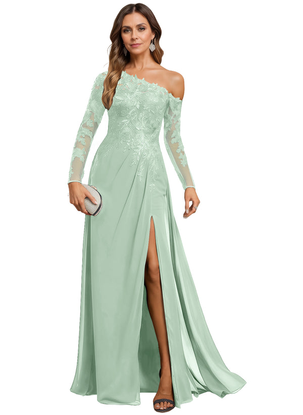 Trumpet/Mermaid Asymmetrical Illusion Floor-Length Lace Chiffon Evening Dress With Sequins