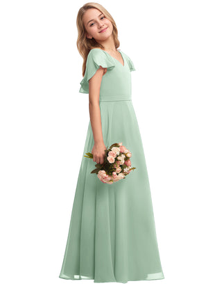 A-line V-Neck Floor-Length Chiffon Junior Bridesmaid Dress