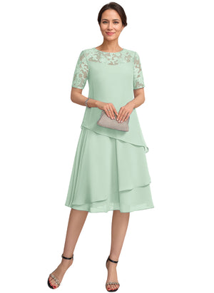 A-line Scoop Illusion Knee-Length Lace Chiffon Mother of the Bride Dress With Sequins
