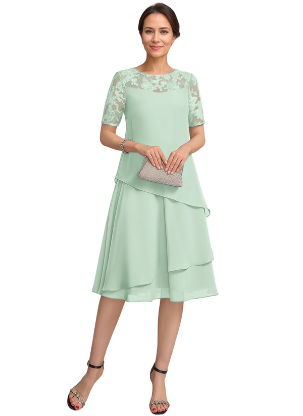 A-line Scoop Illusion Knee-Length Lace Chiffon Mother of the Bride Dress With Sequins