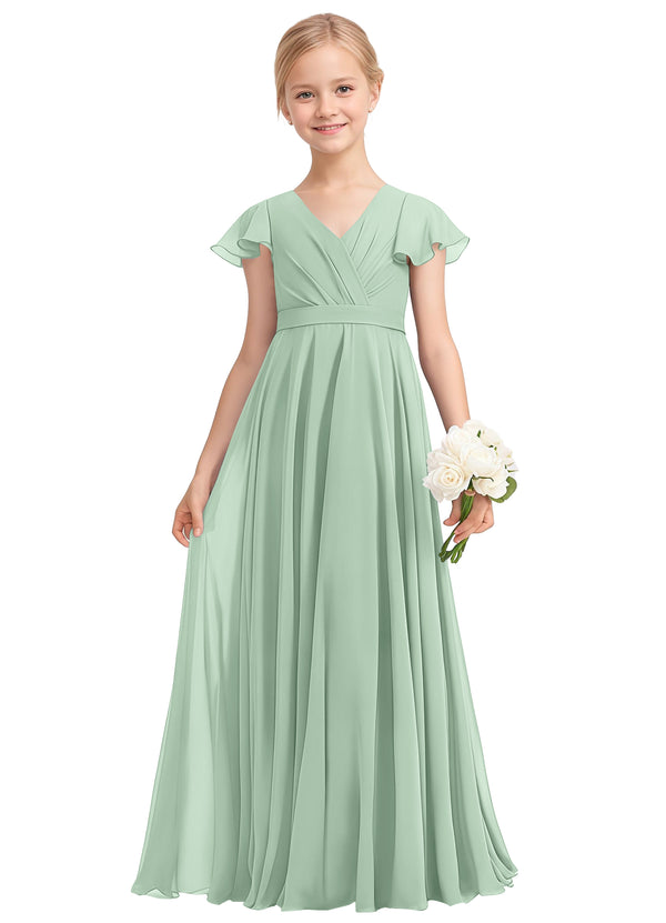 A-line V-Neck Floor-Length Chiffon Junior Bridesmaid Dress