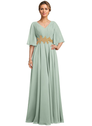 A-line V-Neck Floor-Length Chiffon Lace Mother of the Bride Dress With Sequins Beading