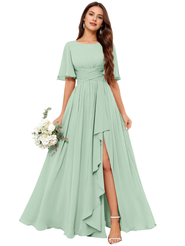 A-line Scoop Floor-Length Chiffon Bridesmaid Dress With Slit