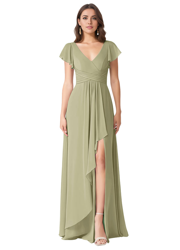 A-line V-Neck Floor-Length Chiffon Bridesmaid Dress With Ruffle