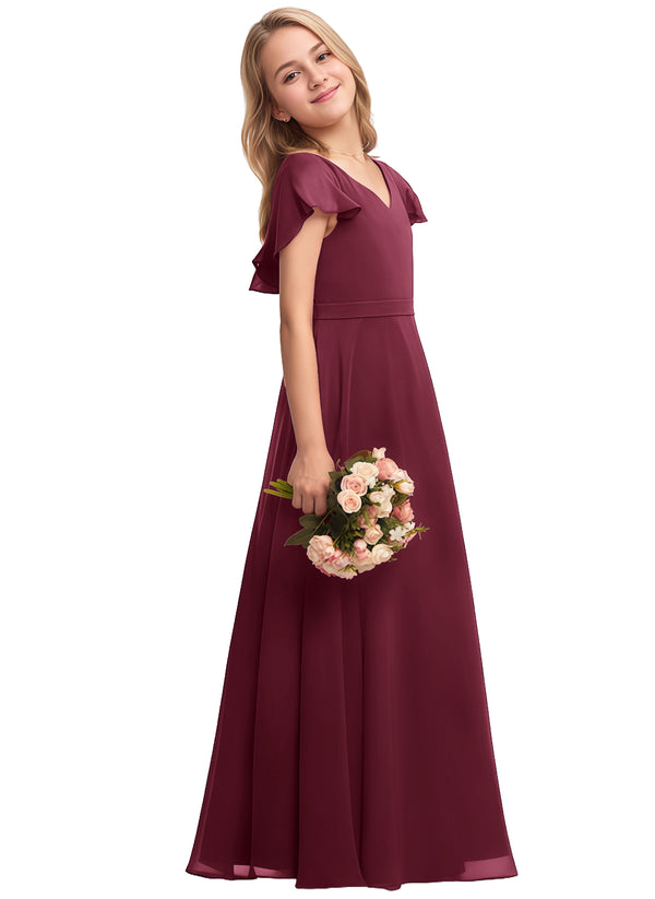 A-line V-Neck Floor-Length Chiffon Junior Bridesmaid Dress