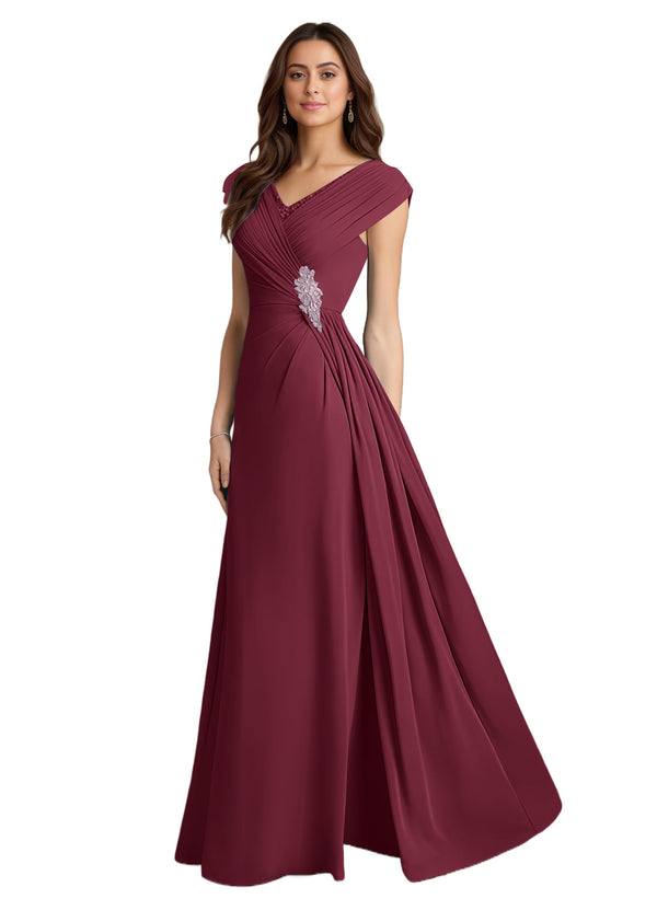 A-line V-Neck Floor-Length Chiffon Mother of the Bride Dress With Pleated Sequins