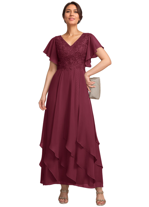 A-line V-Neck Ankle-Length Lace Chiffon Mother of the Bride Dress With Cascading Ruffles