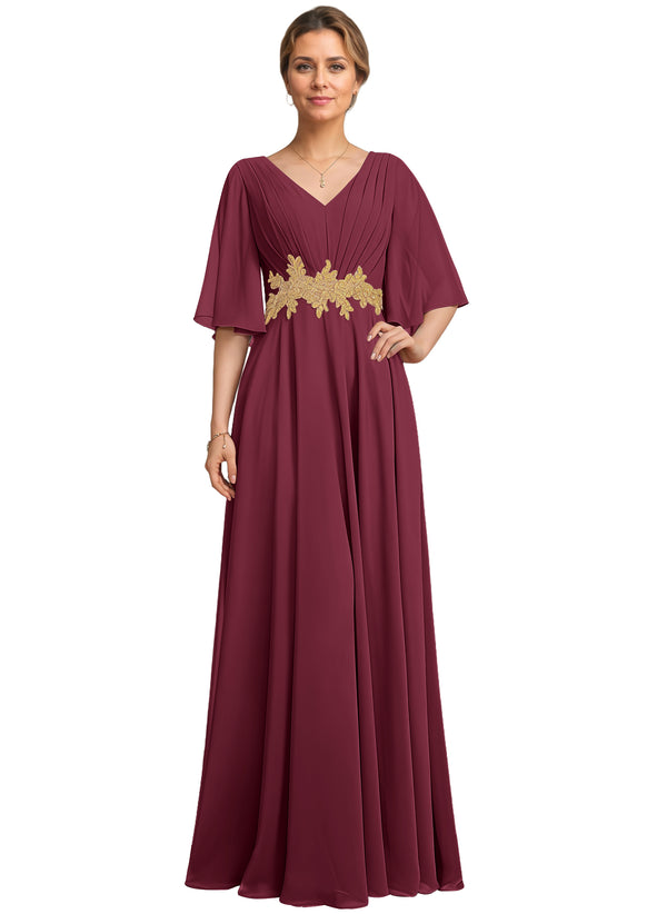A-line V-Neck Floor-Length Chiffon Lace Mother of the Bride Dress With Sequins Beading
