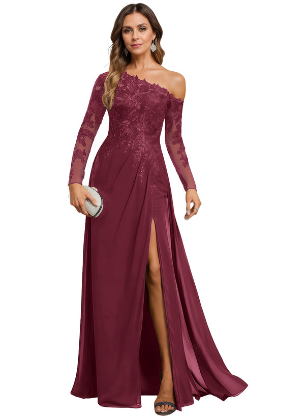 Trumpet/Mermaid Asymmetrical Illusion Floor-Length Lace Chiffon Evening Dress With Sequins