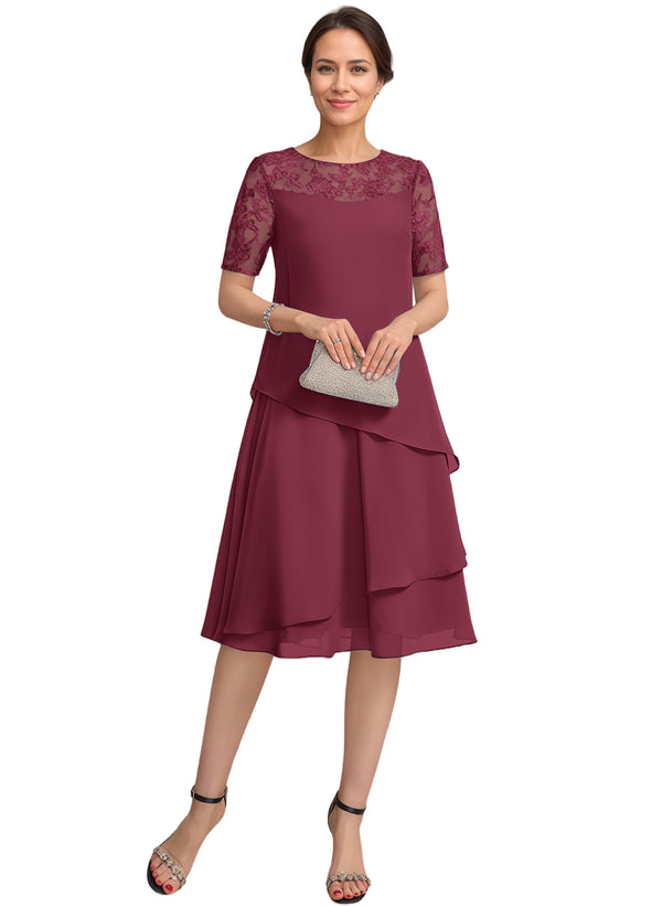 A-line Scoop Illusion Knee-Length Lace Chiffon Mother of the Bride Dress With Sequins