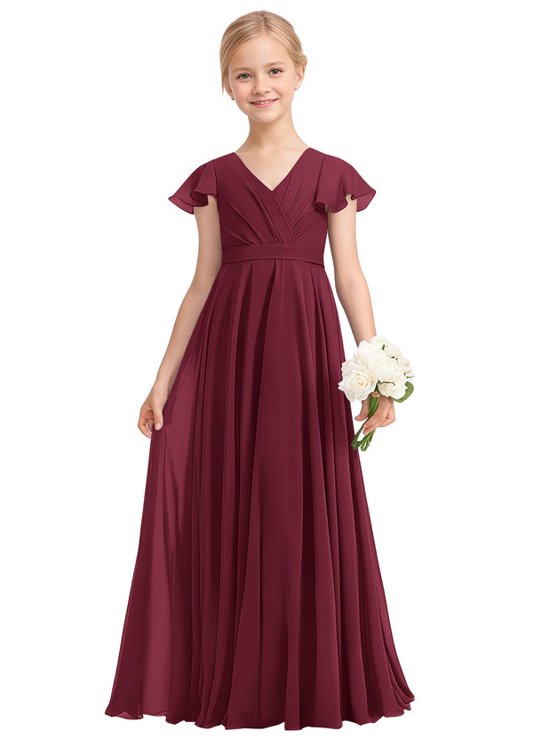 A-line V-Neck Floor-Length Chiffon Junior Bridesmaid Dress