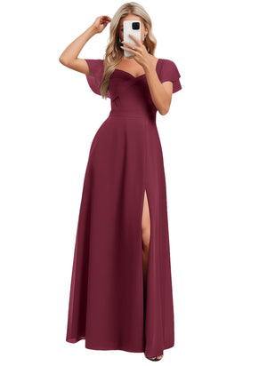 A-line V-Neck Floor-Length Chiffon Bridesmaid Dress With Ruffle