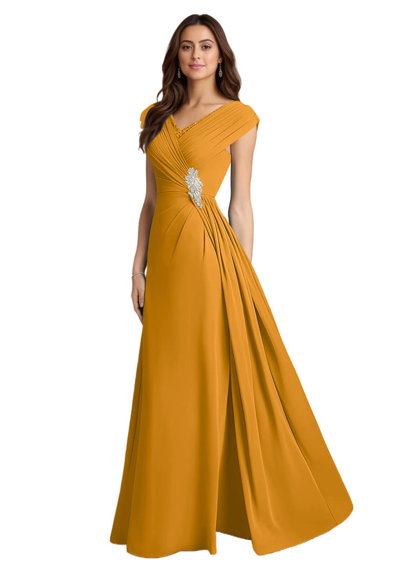 A-line V-Neck Floor-Length Chiffon Mother of the Bride Dress With Pleated Sequins