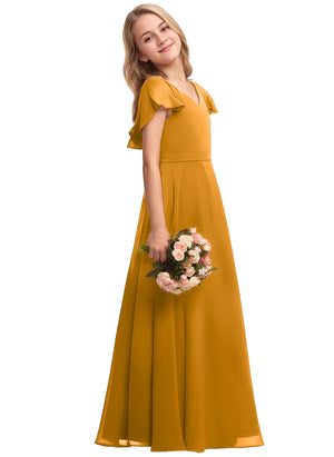 A-line V-Neck Floor-Length Chiffon Junior Bridesmaid Dress