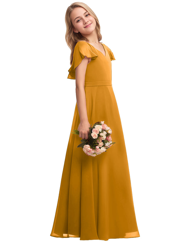 A-line V-Neck Floor-Length Chiffon Junior Bridesmaid Dress
