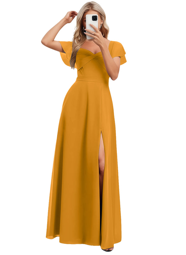 A-line V-Neck Floor-Length Chiffon Bridesmaid Dress With Ruffle