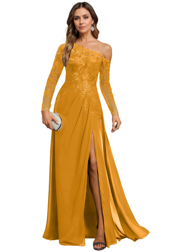 Trumpet/Mermaid Asymmetrical Illusion Floor-Length Lace Chiffon Evening Dress With Sequins