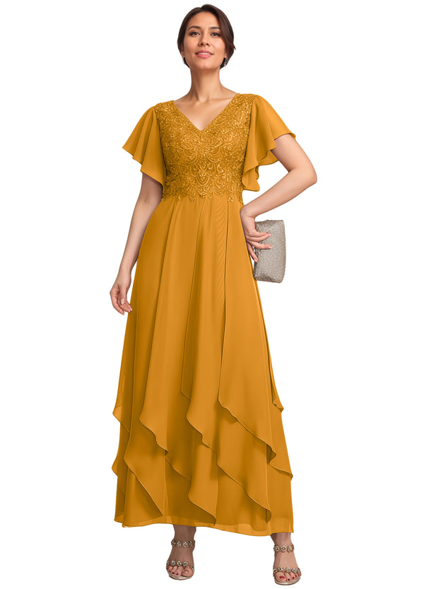 A-line V-Neck Ankle-Length Lace Chiffon Mother of the Bride Dress With Cascading Ruffles