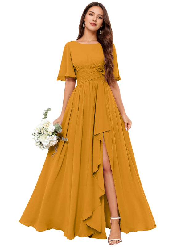 A-line Scoop Floor-Length Chiffon Bridesmaid Dress With Slit