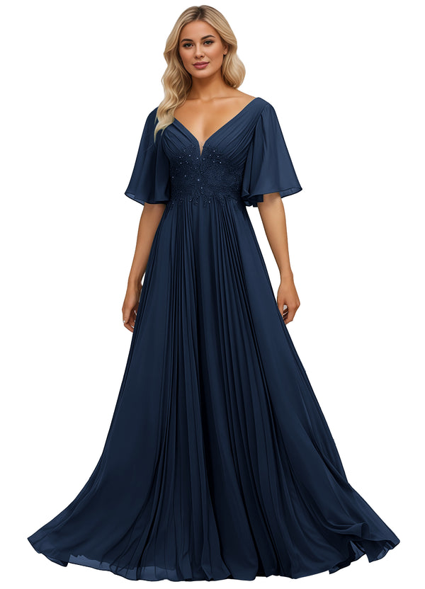 A-line V-Neck Floor-Length Chiffon Mother of the Bride Dress With Sequins Appliques Lace Pleated