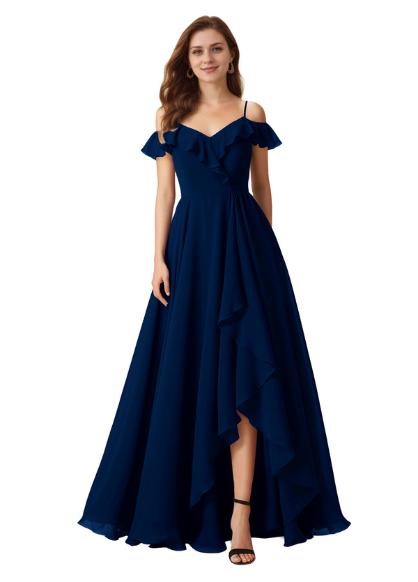 A-line Cold Shoulder Floor-Length Chiffon Bridesmaid Dress With Ruffle